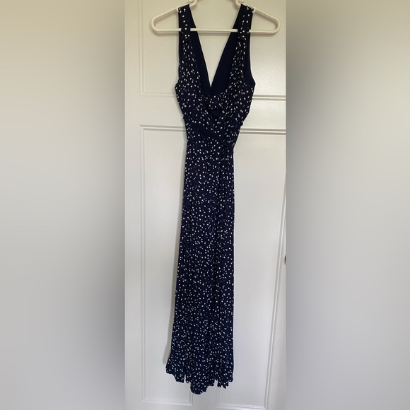 ANTHROPOLOGIE navy, polka-dot maxi jumpsuit with flowing fabric - Picture 2 of 8